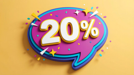 Colorful 3D Twenty Percent Discount Speech Bubble on a Bright Yellow Background for Retail Sales and Promotions