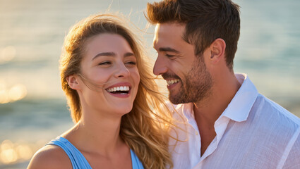 Fototapeta premium Happy young couple smiling and enjoying time together at the beach during sunset. Warm summer vibes and carefree joyful moment