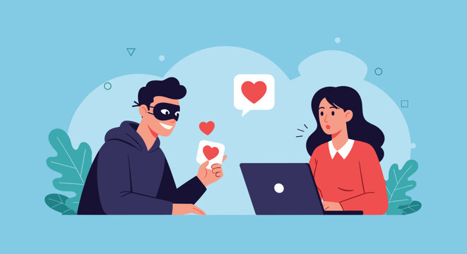 Conceptual illustration of a man wearing a thief mask sending hearts to a surprised woman on a laptop depicting an online dating scam.