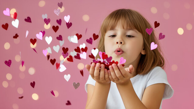 Little girl blowing red and pink paper hearts from her hands on pink background. Cute Valentine's concept with love and joy