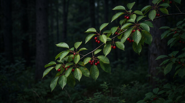 Close Up of a Wild Cherry Branch with Ripe Red Berries and Green Leaves in a Dark Moody Forest