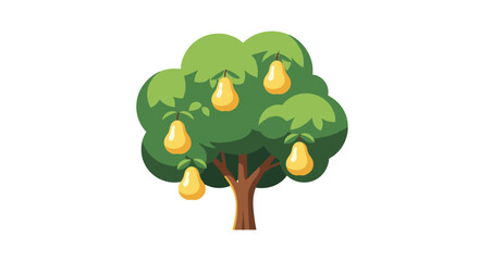 Fototapeta premium Lush green pear tree with a brown trunk heavily laden with ripe yellow pears ready for harvesting in a garden.