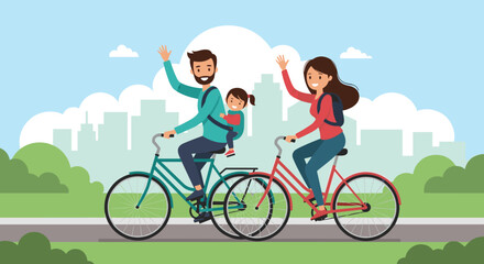 Happy family with a young child riding bicycles along a city park path with trees and urban skyline in the background.