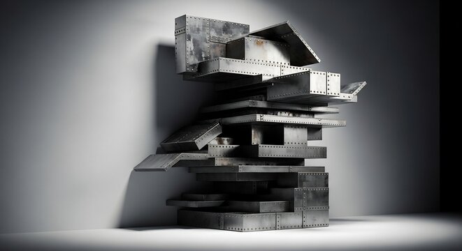 Asymmetrical sculpture of riveted stacked metal boxes and plates against a plain grey background illuminated by spotlights