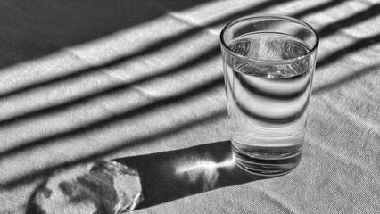 A glass of water on a textured surface with bold striped shadows from blinds, in a black-and-white photo. Concept Black-and-white photography, Glass of water, Textured surface, Bold striped shadows