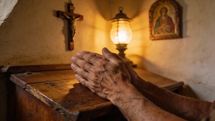 나무책상위에서기도하는손과십자가가있는기도실풍경