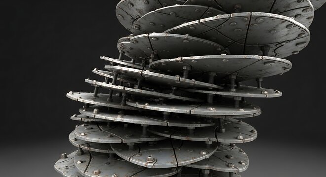 Closeup of rusty bolted metal plates forming a helical structure against a dark background
