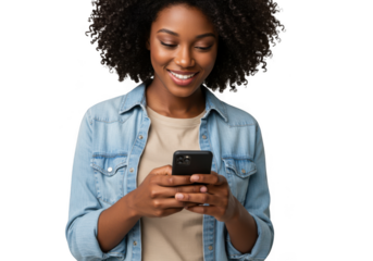 Young black woman smiling while texting on cell phone isolated on transparent background