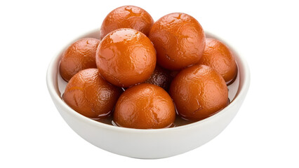 Gulab Jamun dessert in a white bowl on transparent background