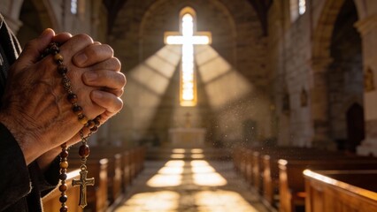 성당에서_묵주를_든_기도하는_손과_십자가빛