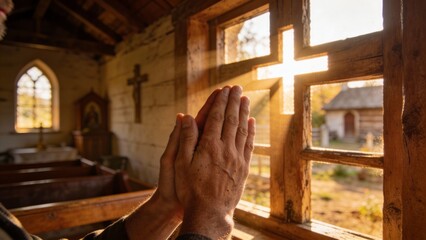 시골교회에서기도하는손과아침햇살