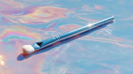 Blue makeup brush resting on a shimmering iridescent surface with rainbow pastel reflections. Concept Iridescent surface, Blue makeup brush, Rainbow pastel reflections, Soft pastel lighting