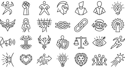 Collection of modern minimalist icons representing strength, unity, and success Vector