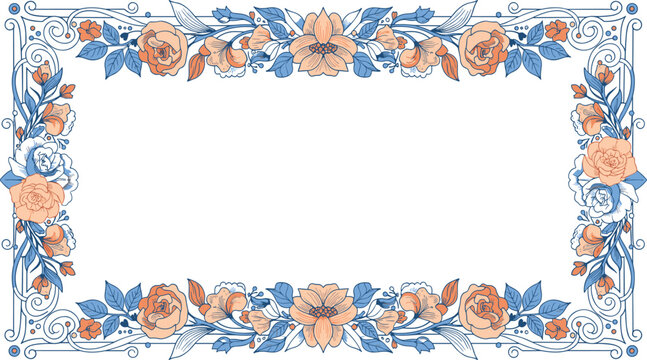 Vintage decorative floral border with intricate blue scrolls and peach roses, elegant rectangular frame for wedding invitations and certificates.