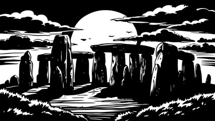 Very beautiful sunset view of Stonehenge, with ancient standing stones silhouetted against a glowing sky, creating a powerful and mysterious prehistoric landscape in the United Kingdom.