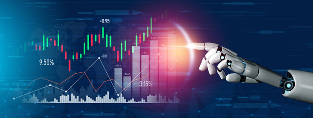 A sleek robotic hand interacts with vibrant digital financial graphs, highlighting market trends and fluctuations to provide insights for investment strategies. Scalp