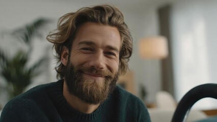 A man with a full beard and wavy blond hair wearing a dark green sweater, smiling warmly in a cozy home setting. Concept Bearded man portrait, Blond wavy hair, Cozy home setting, Dark green sweater