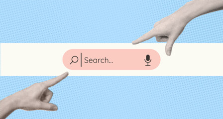 Minimal vintage collage search concept. Dotted Halftone paper hands pointing at and interacting with search bar on retro textured background. Modern retro vector illustration mixed media design