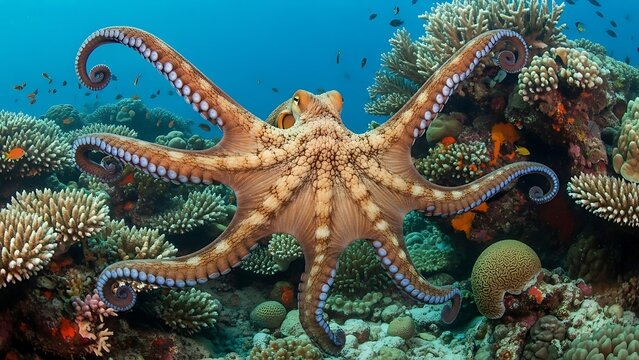 Octopus in reef environment displaying vibrant blue blood