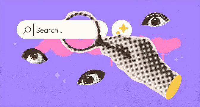 Quirky ai searching collage with halftone hand, eyes and search box. Person looking for information in the search bar. Concept of looking, finding opportunities and knowledge in internet. SEO concept