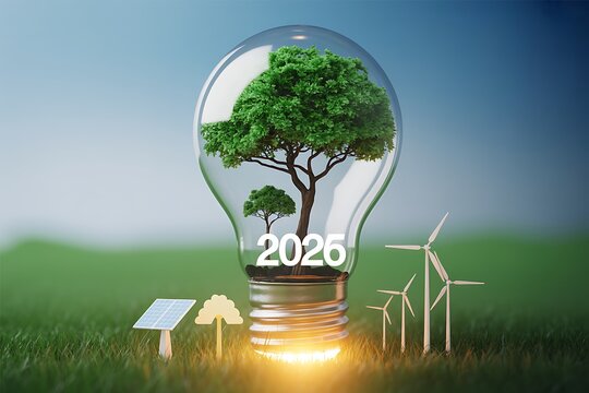 Sustainable future with green tree in light bulb and renewable energy sources around - Powered by Adobe