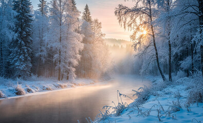 sunrise in the forest with frost on trees