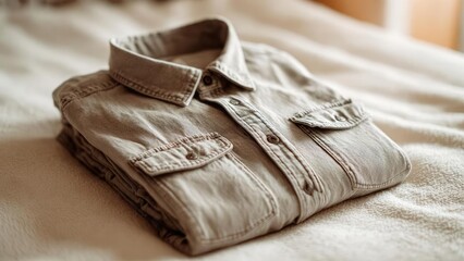 A neatly folded beige button-down shirt with chest pockets lies on a soft bed. Concept Casual wardrobe, Beige shirt, Shirt on bed, Home styling, Minimalist fashion
