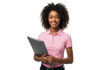 Young woman holding a folder isolated on transparent background