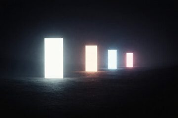 Glowing rectangle illuminated panel minimal installation futuristic portal luminous monolith moody scene four panels receding into fog evoking quiet wonder