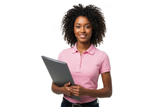 Young woman holding a folder isolated on transparent background - Powered by Adobe
