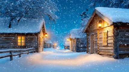 Snowy wooden cabins glowing with warm lights at night in a quiet winter village, falling snow and blue tones, concept of holiday travel, cozy comfort and festive season.
