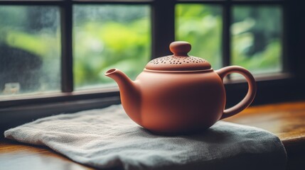 Terracotta teapot on windowsill calm and tranquil still life