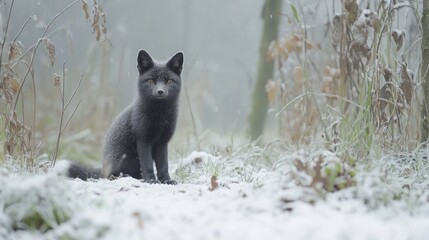 Dark gray fox sitting in snowy winter landscape