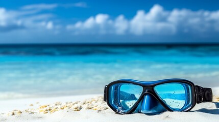 Diving mask on beach, tropical ocean background, vacation