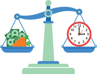 Flat vector illustration of balanced scale with money, vegetables, and clock, concept of time value, healthy lifestyle, financial planning