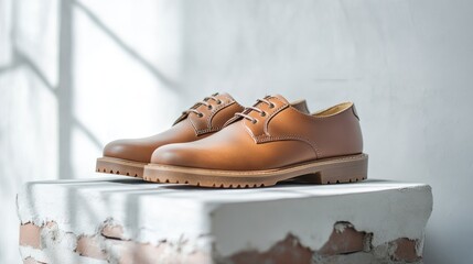 Light brown leather shoes on white textured surface fashion product photography