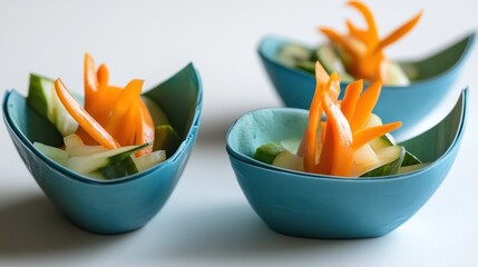 Vibrant cucumber and carrot appetizer in blue bowls