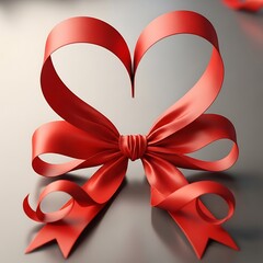 Luxurious Red Silk Ribbon Bow Shaped into a Perfect Heart on a Glossy Gray Background. Ideal for Valentine's Day, Anniversaries, and Romantic Gift Wrapping Design.