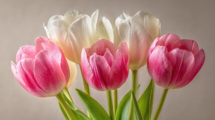 A bouquet of pink and white tulips arranged elegantly. The flowers have vibrant petals and green leaves, creating a fresh and cheerful atmosphere.