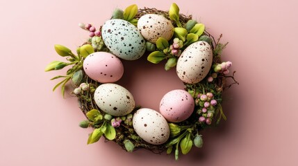 A decorative Easter wreath with pastel-colored eggs and greenery. The arrangement includes speckled eggs in pink, blue, and cream shades, surrounded by small flowers.