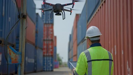 Worker supervising a drone surveying a shipping container yard with technology and logistics concepts - Powered by Adobe