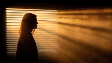 Silhouette of a person standing by sunlit blinds, golden rays streaming through and dust motes sparkling in the air. Concept Silhouette Portraits, Sunlit Blinds, Dust Motes, Golden Rays