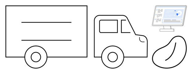Logistics, delivery services, supply chain, transportation, location tracking, fleet management. Outline of a truck, computer screen with analytics and a bean shape graphic. Logistics and delivery