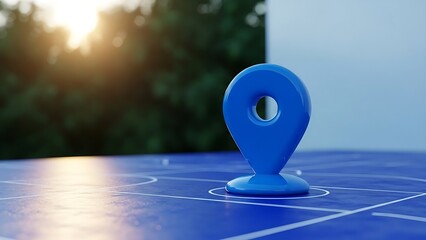 Blue location pin marker on a blue surface with dotted lines