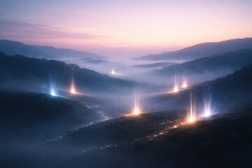 Light pillar mist hill sunrise glowing pillars light rise above mist-covered hills at sunrise creating serene and ethereal atmosphere