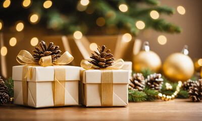 Elegant Christmas Gift Boxes with Pine Cones, Golden Ribbons, and Warm Festive Lights

