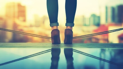 Woman balancing on rope above cityscape rooftop view