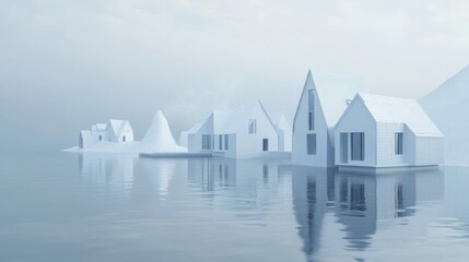 Minimalist white houses submerged in calm water digital architectural illustration