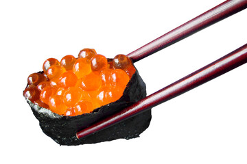 Chopsticks hoding a salmon eggs sushi isolated on white or transparent background, png cut out