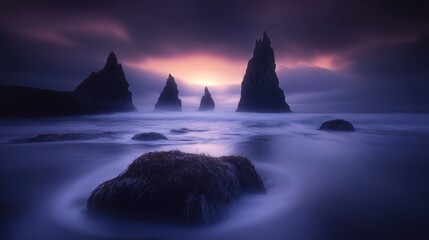 Misty ocean sunrise with dark rock formations